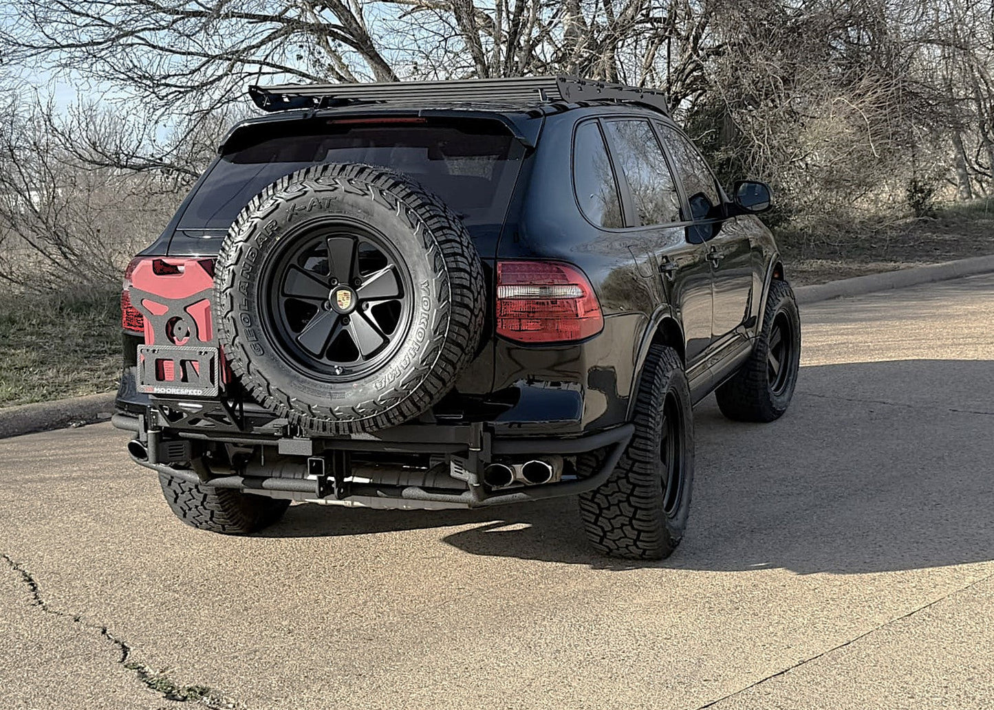 Porsche Cayenne 955/957 Rear Tubular Swing-Out Tire Bumper with Spare Tire and Jerry Can Mounts